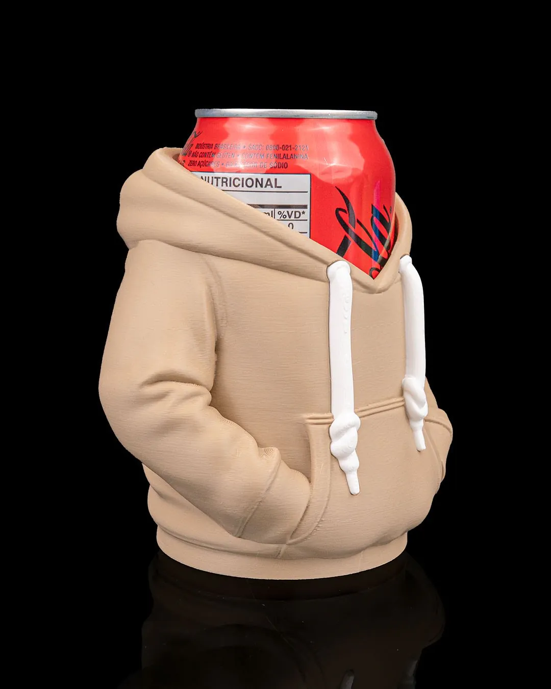 Tan hoodie can holder front angle view