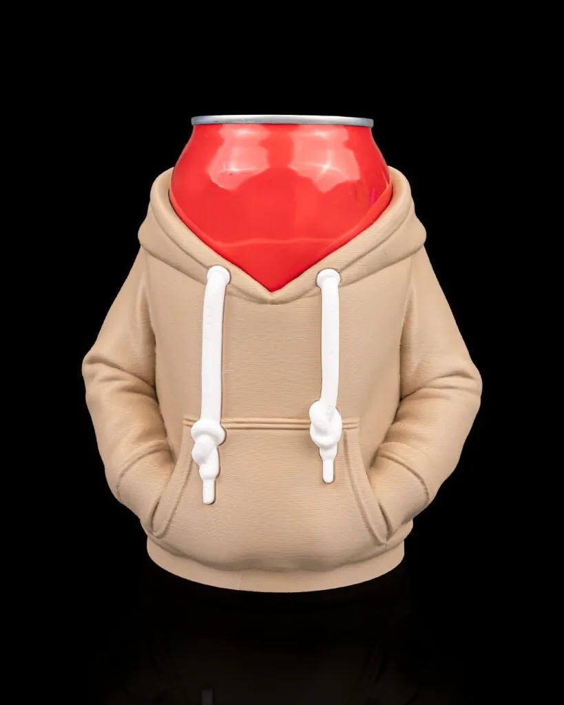 Tan hoodie can holder front view