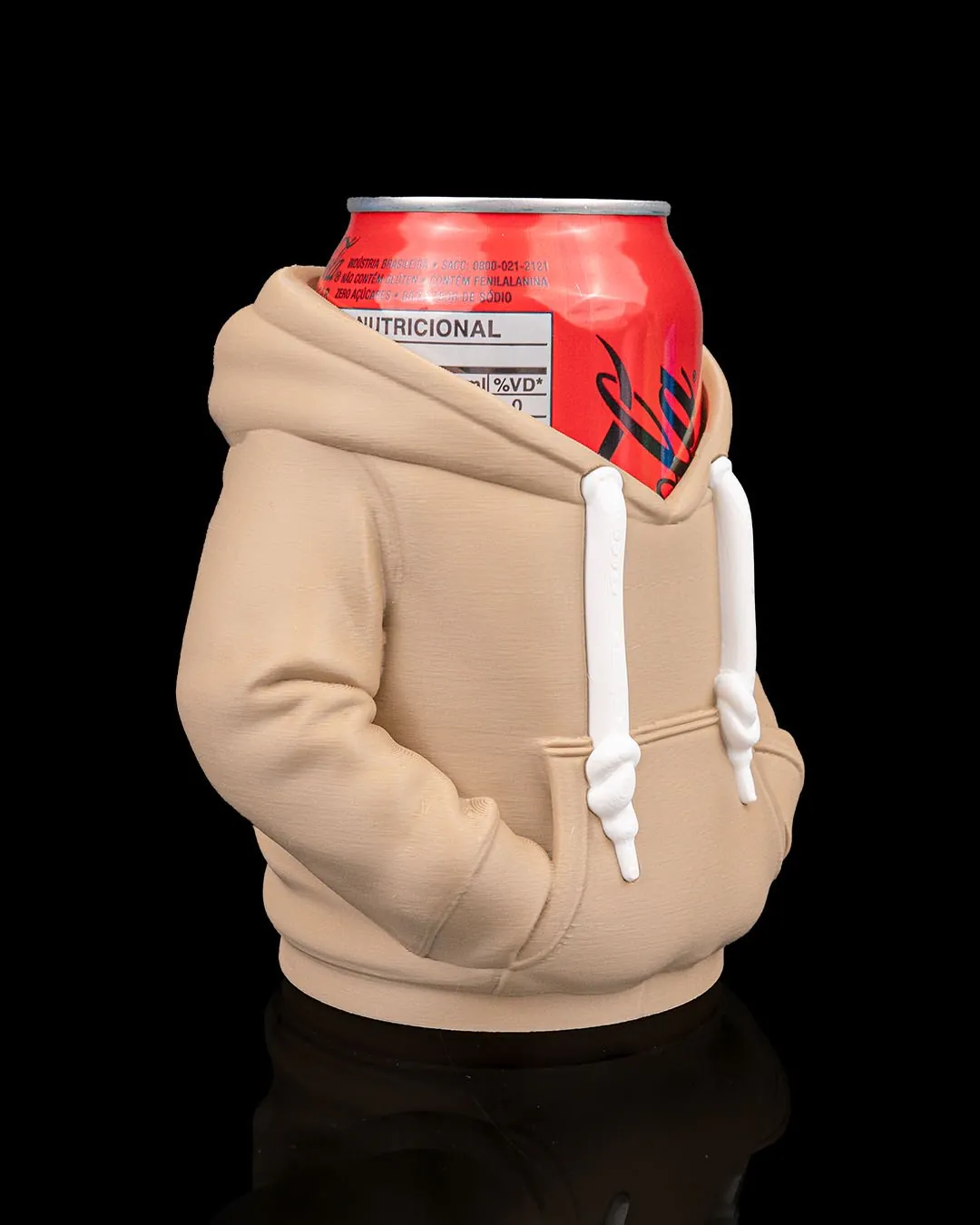 Tan hoodie can holder side angle view