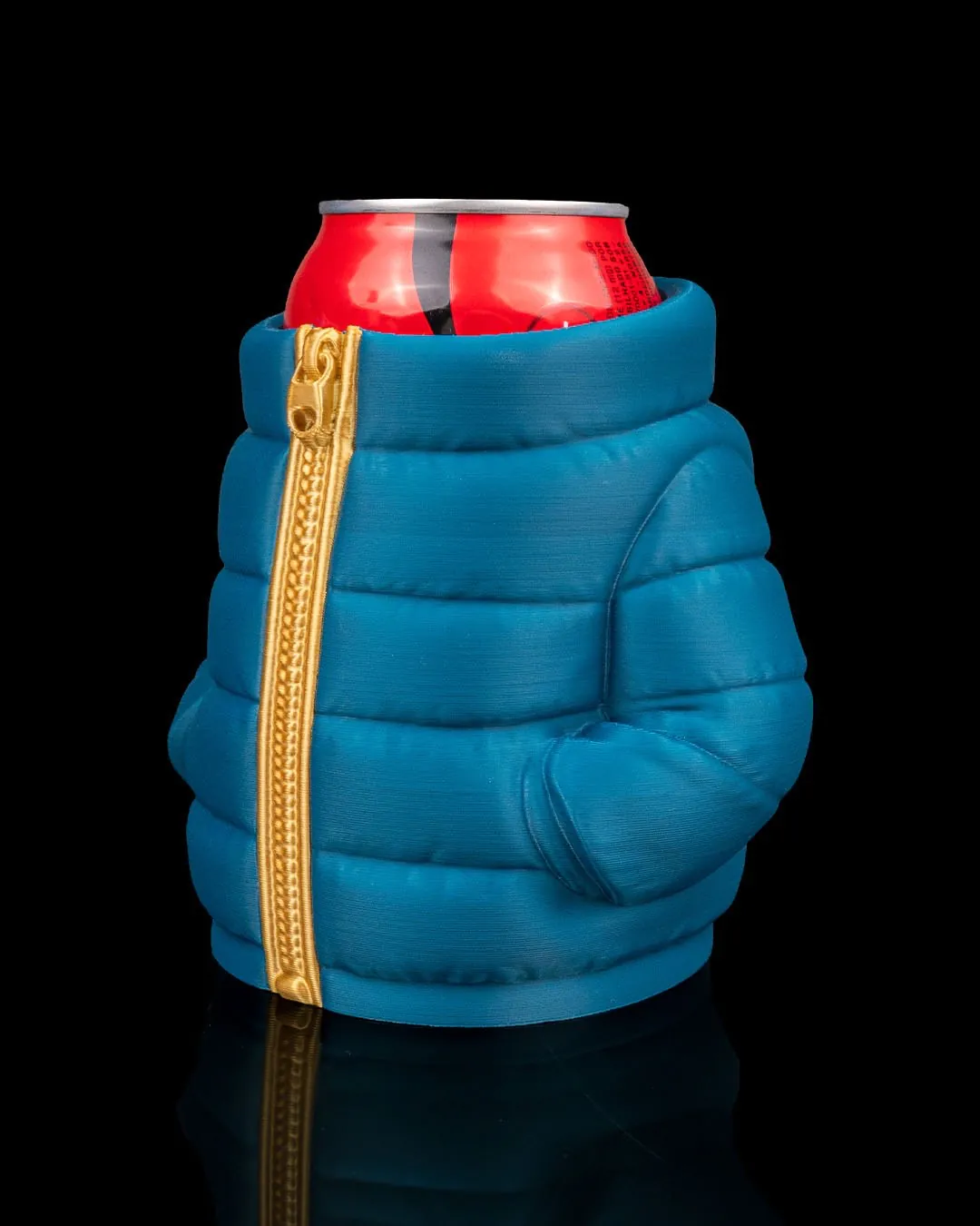Blue and gold puffer jacket can holder angled side view