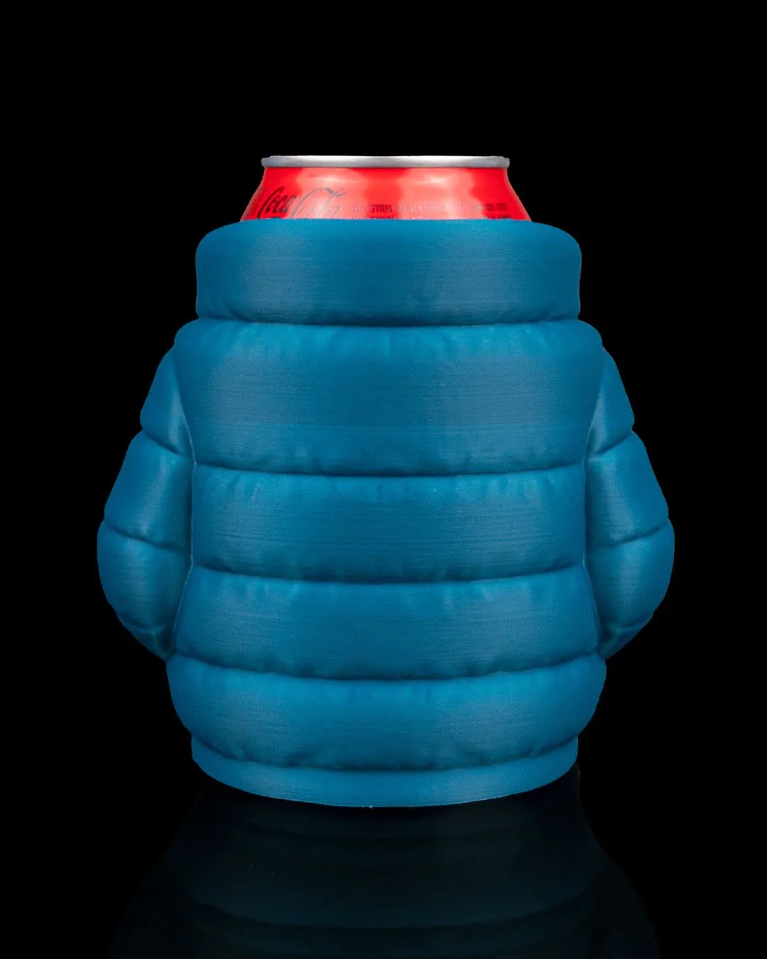 Blue and gold puffer jacket can holder angle view