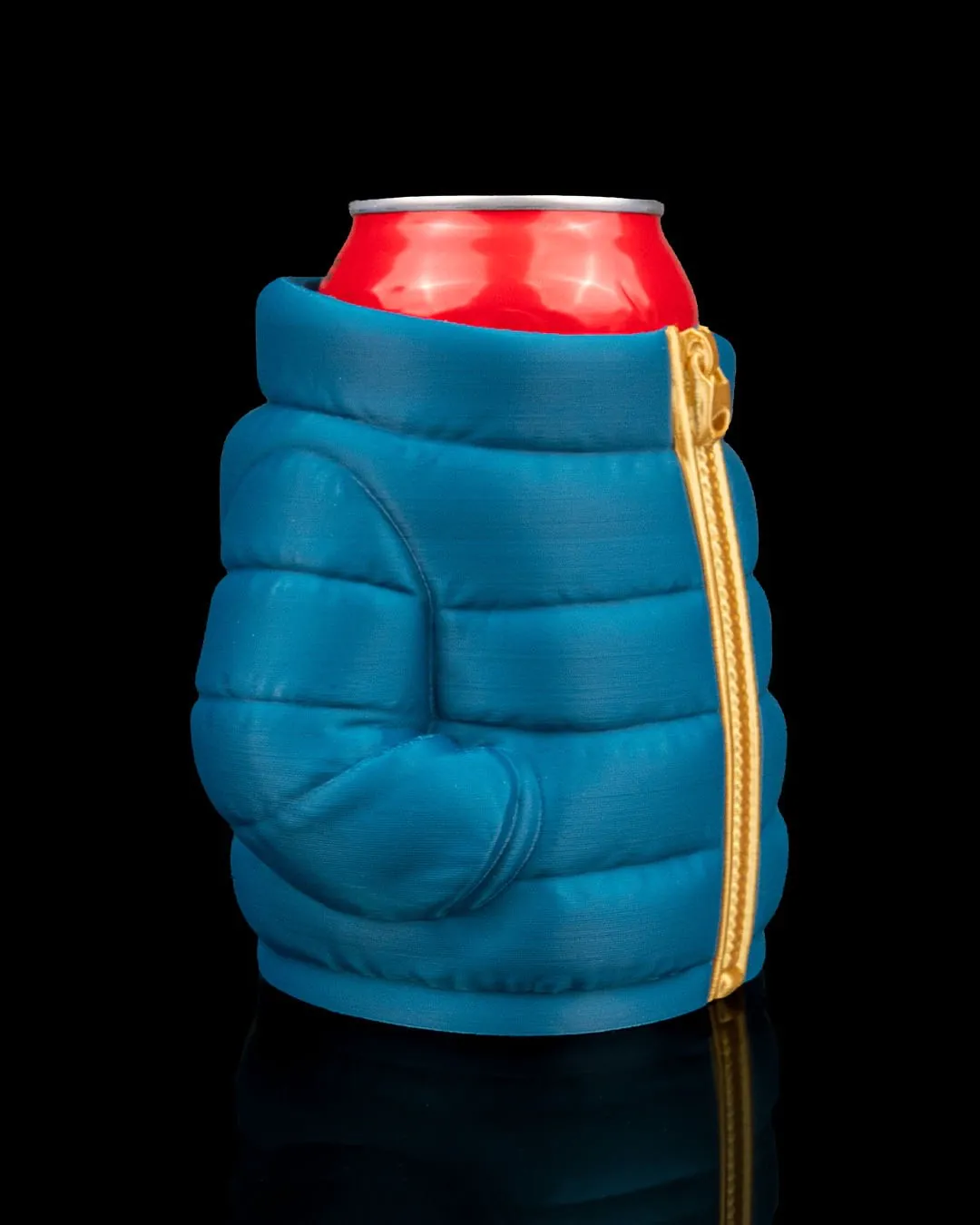 Blue puffer jacket can holder back view