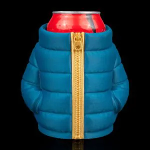 Blue and gold puffer jacket can holder front view