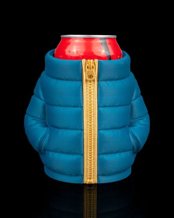 Blue and gold puffer jacket can holder front view