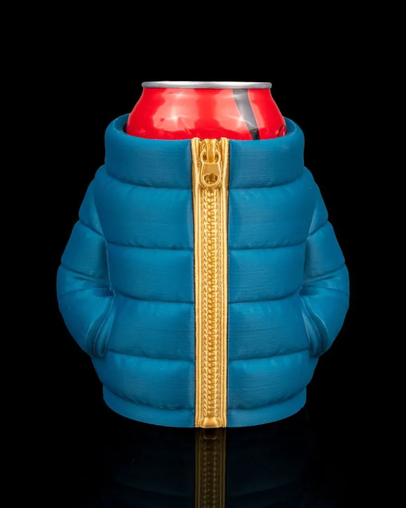 Blue and gold puffer jacket can holder front view
