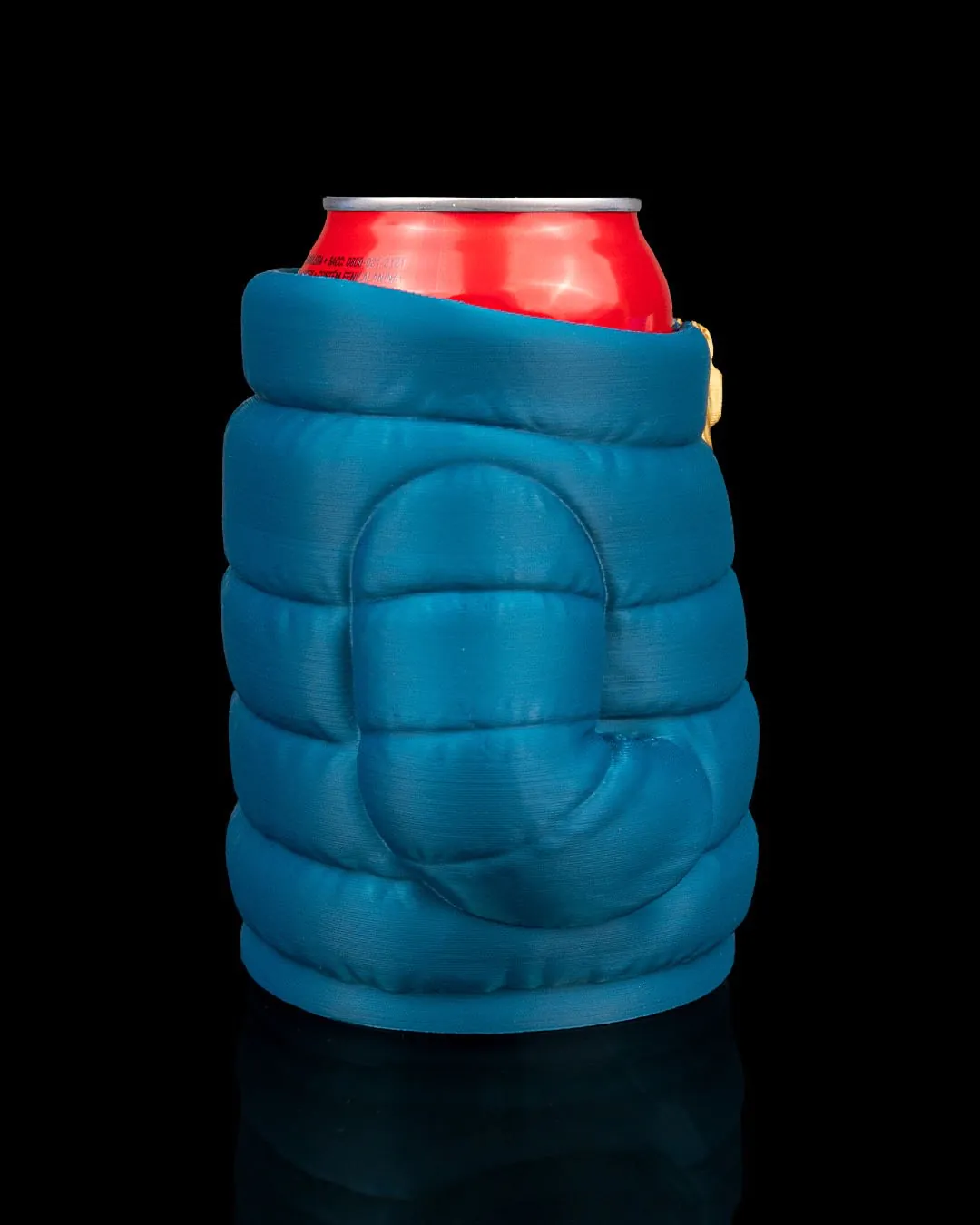 Blue puffer jacket can holder side view